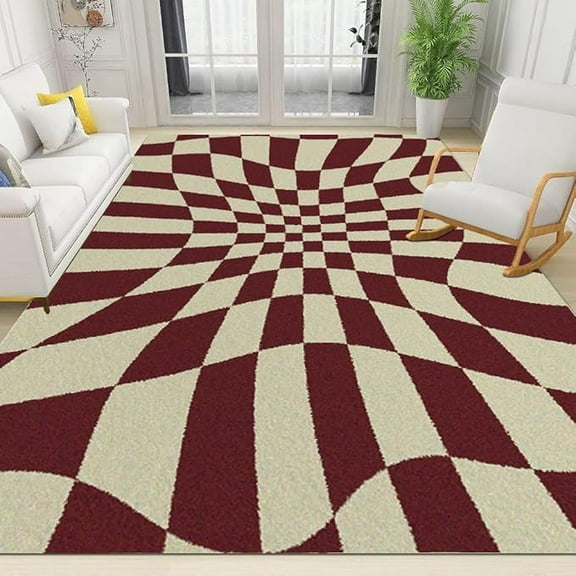 Abstract Checkered Pattern Area Rug Twisted Block Wave Indoor Anti-Slip Rug Soft Non-Shedding Washable Decor Carpet For Studio Children'S Room Dining Room 2 x 3ft