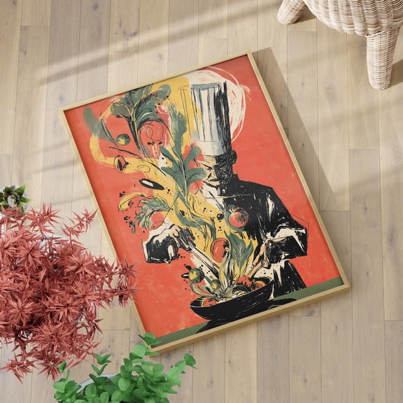 Abstract Chef Illustration Wall Art Playful Kitchen Decor, Unframed Paper Print Size 8x12