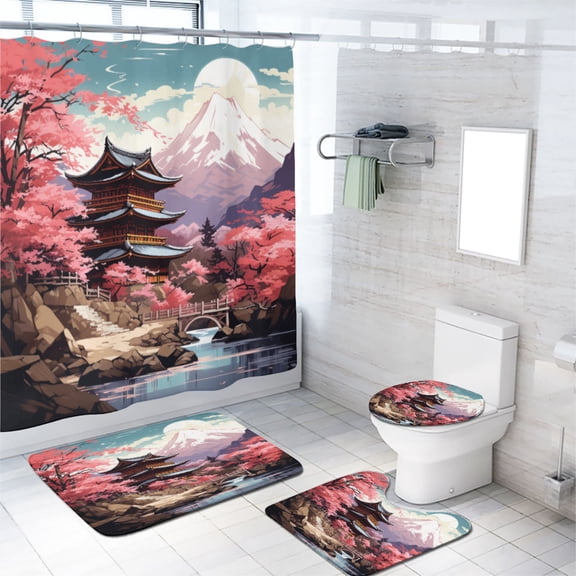 Abstract Cherry Blossom 4 Pcs Shower Curtain Set Japanese Asian Pink Flowers Mountain with 12 Hooks, Bath Mat Set Bathroom Decor by Durable Waterproof Fabric, 72x72 Inch