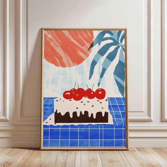 Abstract Cherry Cake Trendy Summer Wall Art Food Illustration, Unframed Paper Poster 8x10in