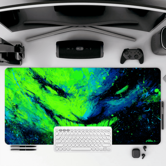 Abstract Cheshire Cat Smile Mouse Pad 35.4 x 15.8 Inches Rubber Desk Mat Neon Green Blue Design for Office Gaming