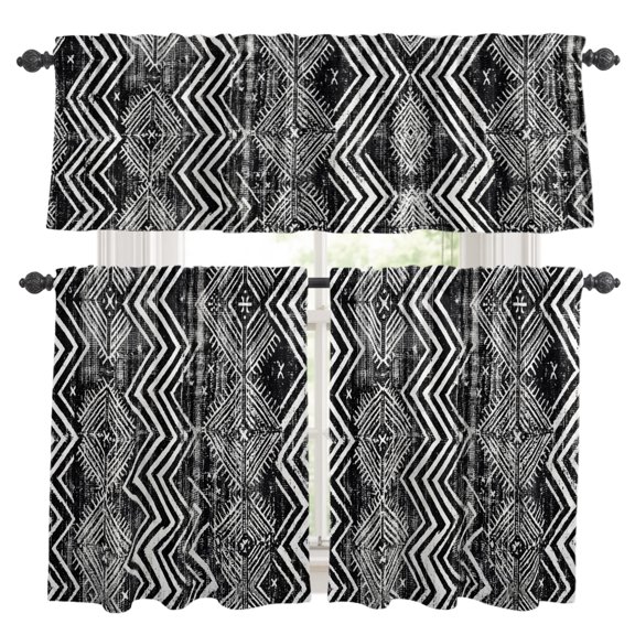 Abstract Chevrons Kitchen Curtains and Valances Set, Zigzags Sharp Lines Bold Urban Charcoal Slate Rod Pocket Window Valance Window Curtain Panels for Living Room Bedroom Laundry, 27.5x36in, 3 Pieces