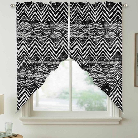 Abstract Chevrons Swag Curtain Valances for Kitchen, Zigzags Sharp Lines Bold Urban Charcoal Slate Rod Pocket Curtains Window Treatment Swag Valance for Bedroom Bathroom, 2 Panels 28 x 36 Inch