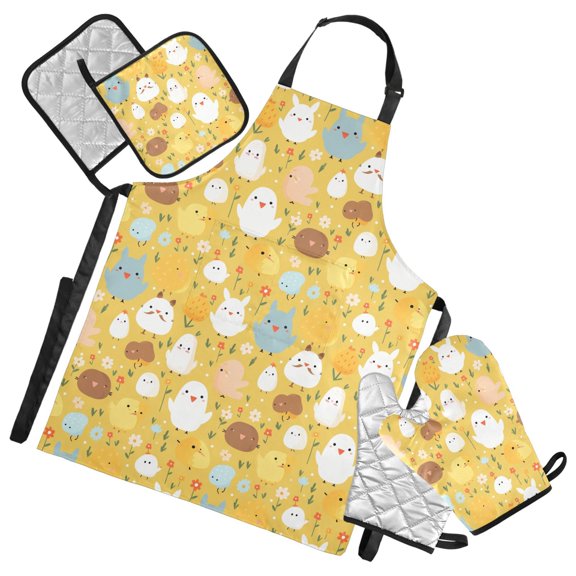 Abstract Chick and Flower 5 Pcs Kitchen Set Heat Resistant Oven Mitts and Non-Slip Pot Holders with Adjustable Cooking Apron