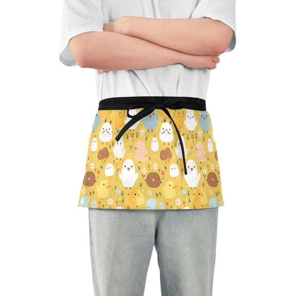 Abstract Chick and Flower Server Apron with 3 Pockets Waterproof Waitress Waist Short Apron for Man Woman 12 Inches