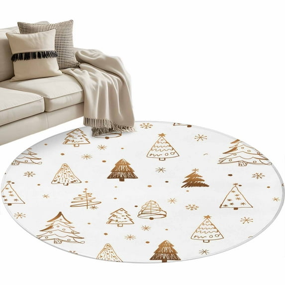 Abstract Christmas Tree Round Area Rug 4ft Winter Snowflake Gold Line Trees Non-Slip Washable Circle Rugs Soft Felt Indoor Floor Mat for Bedroom Kitchen Living Room Bathroom