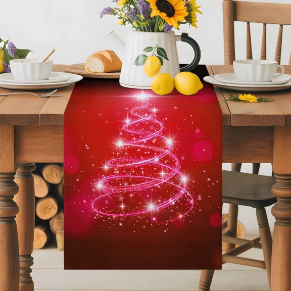 Abstract Christmas Tree Shining Star Table Runner 36 Inches Long, Stripes on Burgundy Red Table Runners Tabletop Scarf Kitchen Dining Tables Decoration for Home Party Indoor Outdoor
