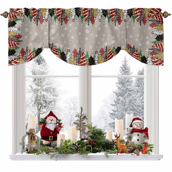 Abstract Christmas Tree Tie Up Valances Curtain, Winter Snowflakes Graffiti Xmas Gray Adjustable Rod Pocket Short Window Treatment Tie Up Curtains Valances for Kitchen Living Room Bathroom 54x18 In