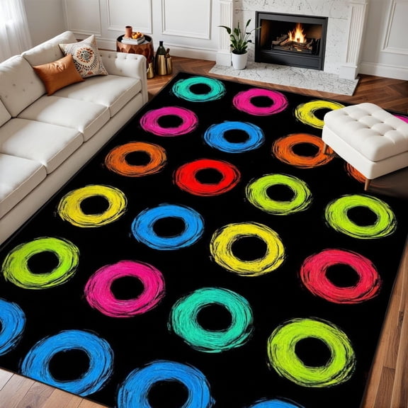 Abstract Circle Area Rug, Colorful Handpainted Ring Pattern Carpet, Washable Non Slip Low Pile Soft Thin, Classroom Playroom Nursery School Home Decor Mat 2x3ft