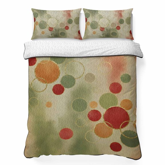 Abstract Circle Queen Quilt Bedding Set, Minimalist Modern Green Red Orange Watercolor Lightweight Comforter with 2 Pillow Shams Bedroom Bedspread Set Home Decor for All Seasons