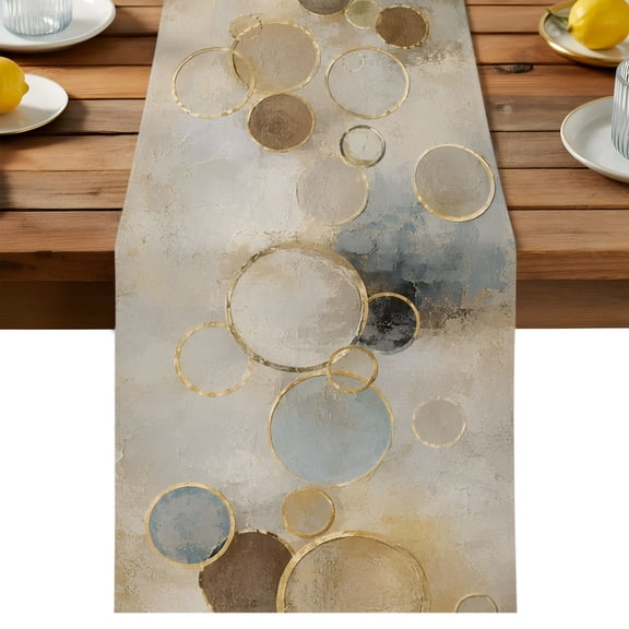 Abstract Circle Table Runner, Minimalist Modern Blue Beige Gold Watercolor Cotton Linen Kitchen Dining Table Runner Home Decor for Party Festival Holiday Decoration Gift 13x36in