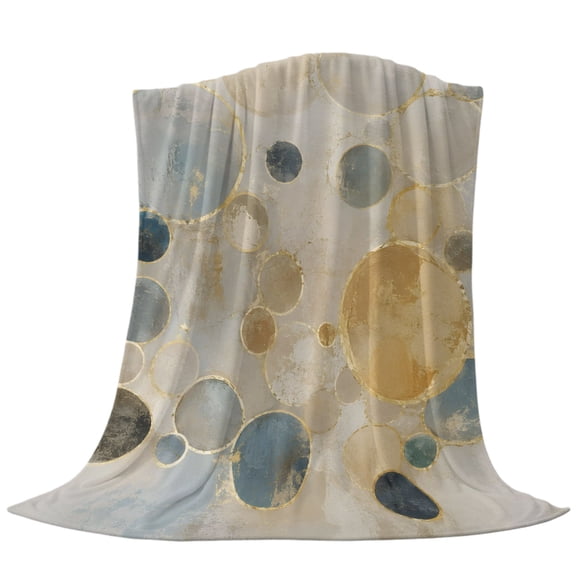 Abstract Circle Throw Flannel Blanket Minimalist Modern Blue Beige Gold Watercolor Super Soft Cozy Bed Blanket, Lightweight Plush Fuzzy Bed Throw for Bedroom Sofa Couch Living Room 30x40in