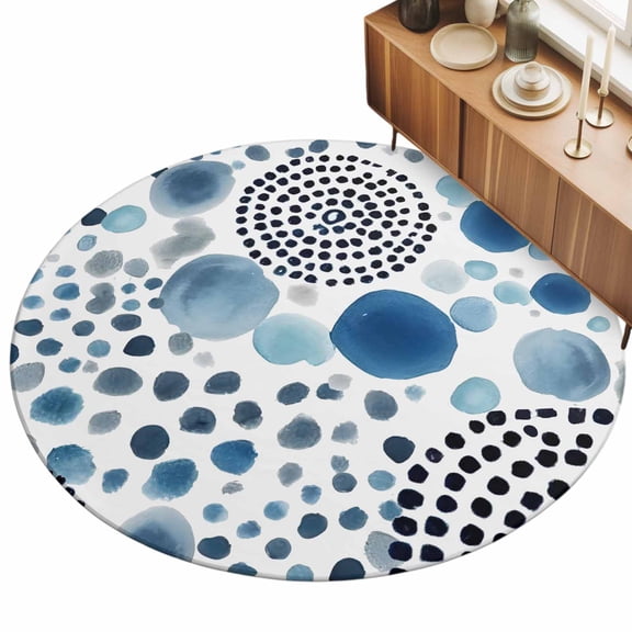 Abstract Circles Area Rug, Modern Minimalist Navy Blue Black Cobalt Spots Dots Non-Slip Felt Rubber Backing Round Indoor Carpet Washable Rugs for Living Room Bedroom 6ft