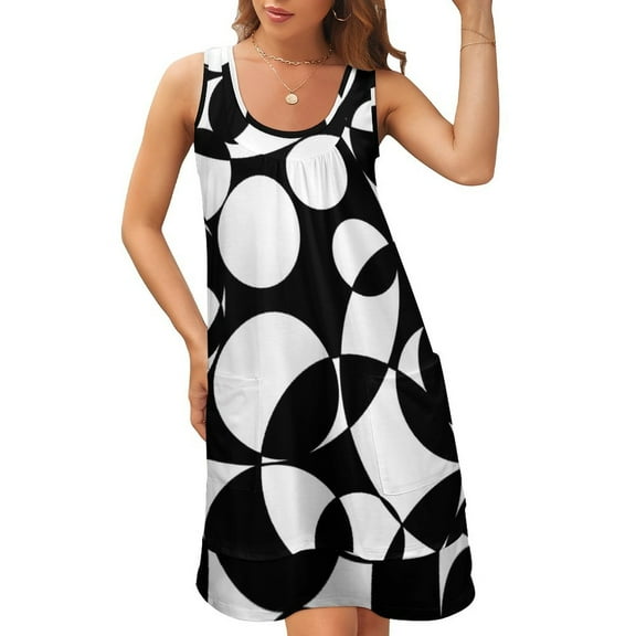 Abstract Circles Black and White Spheres Maximalist Pattern Sleeveless U-Neck Fake Two Piece Dress wedding dresses for woman