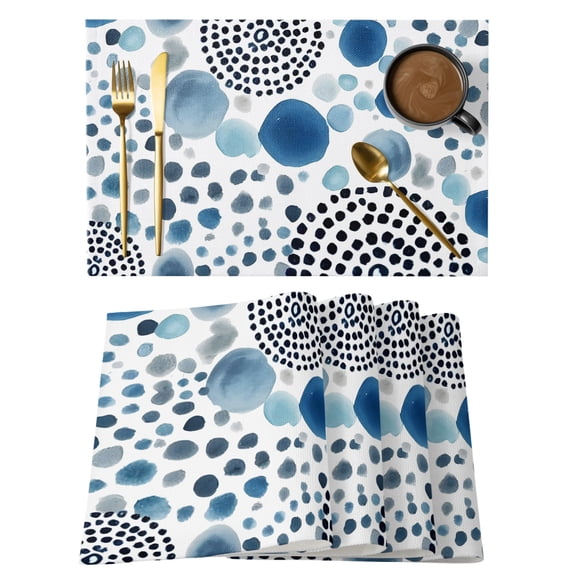Abstract Circles Cotton Linen Placemats Set of 12, Modern Minimalist Navy Blue Black Cobalt Spots Dots Washable Table Place Mats Heat Insulating Placemat for Dining Room Kitchen 13 x 19 Inch