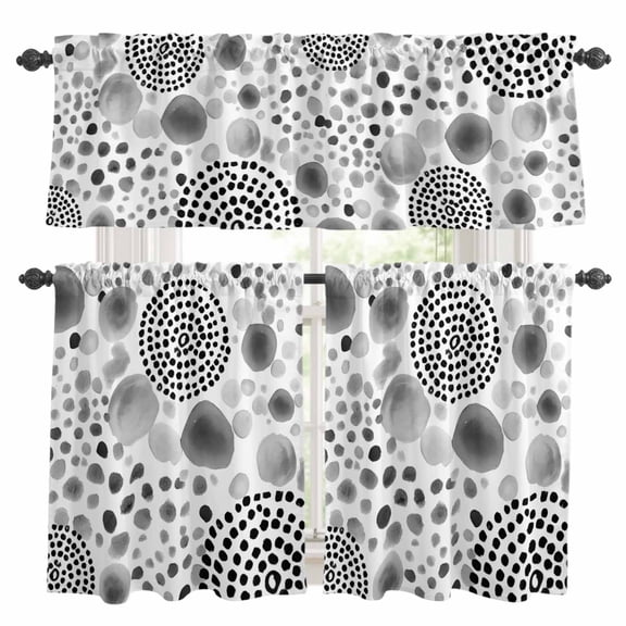 Abstract Circles Kitchen Curtains Valances 3 Piece Set, Modern Minimalist Gray Black Cobalt Spots Dots Rod Pocket Tier Curtain and Valance Drapes for Small Window 24 Inch Length for Bedroom Cafe