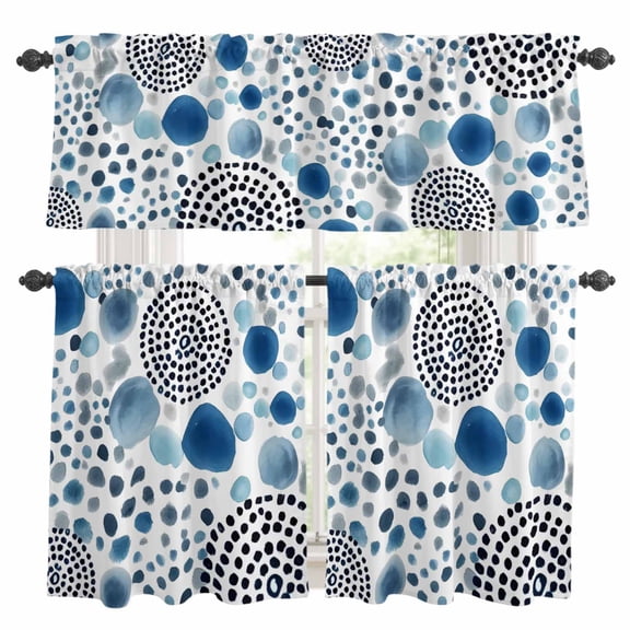 Abstract Circles Kitchen Curtains Valances 3 Piece Set, Modern Minimalist Navy Blue Black Cobalt Spots Dots Rod Pocket Tier Curtain and Valance Drapes for Small Window 36 Inch Length for Bedroom Cafe