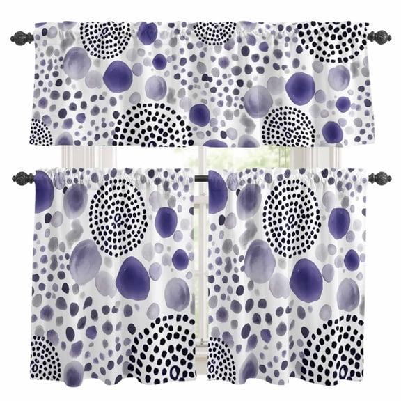 Abstract Circles Kitchen Curtains Valances 3 Piece Set, Modern Minimalist Purple Black Cobalt Spots Dots Rod Pocket Tier Curtain and Valance Drapes for Small Window 36 Inch Length for Bedroom Cafe