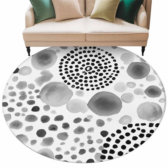 Abstract Circles Round Living Room Rugs 6 ft, Modern Minimalist Gray Black Cobalt Spots Dots Washable Area Rug with Non-Slip Sturdy Edge Binding Round Carpet for Kitchen Office Bedroom