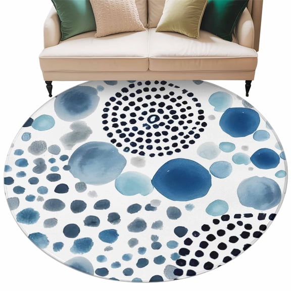 Abstract Circles Round Living Room Rugs 6 ft, Modern Minimalist Navy Blue Black Cobalt Spots Dots Washable Area Rug with Non-Slip Sturdy Edge Binding Round Carpet for Kitchen Office Bedroom