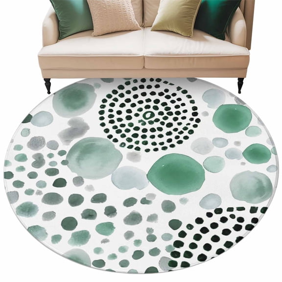 Abstract Circles Round Living Room Rugs 7 ft, Modern Minimalist Teal Black Cobalt Spots Dots Washable Area Rug with Non-Slip Sturdy Edge Binding Round Carpet for Kitchen Office Bedroom
