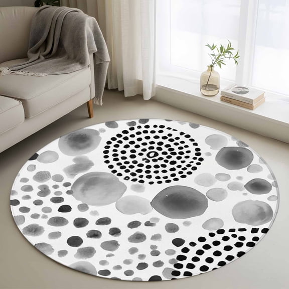 Abstract Circles Round Rugs for Living Room 3ft Modern Minimalist Gray Black Cobalt Spots Dots Non Slip Circle Rug Washable Low-Profile Indoor Carpet for Bedroom, Dining Room, Bathroom