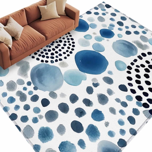 Abstract Circles Washable Living Room Rugs 9'x12', Modern Minimalist Navy Blue Black Cobalt Spots Dots Low Pile Throw Large Area Rug Non-Slip Sturdy Edge Binding Carpet for Bedroom Dining Room Office