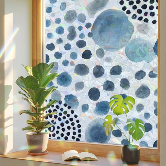 Abstract Circles Window Privacy Film, Modern Minimalist Navy Blue Black Cobalt Spots Dots Stained Glass Rainbow Film Decorative Window Clings, Static Cling Sun Blocking Stickers 17.7" x 39.3"