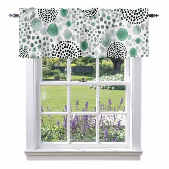Abstract Circles Window Valance for Kitchen, Modern Minimalist Teal Black Cobalt Spots Dots Rod Pocket Short Curtains for Bathroom Bedroom Window, Light Filtering Decorative Valances, 42x18 Inch
