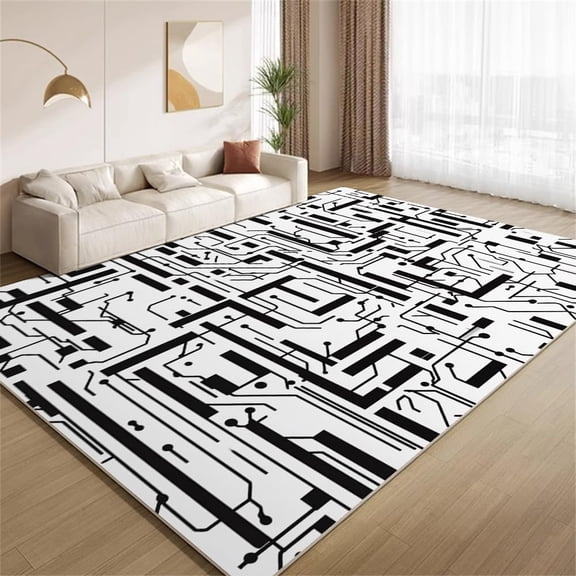 Abstract Circuit Board Area Rugs, Black White Tech Carpet, Washable Non Slip Low Pile Soft Rug for Bedroom Living Room Decor Mat 2ftx3ft