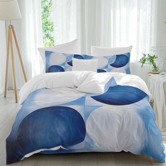 Abstract Circular 4 Piece Duvet Cover Set Queen Size Blue White Stitching Gradient Soft Bedding Set Comforter Cover, 1 Duvet Cover 1 Flat Sheets and 2 Pillowcases