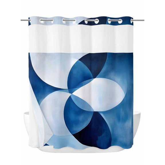 Abstract Circular No Hook Shower Curtain and Liner Set White Blue Stitching Gradient Shower Curtains with Snap-in Liner & See Through Top Window Hotel Style for Bathroom Decor 72x72 Inch