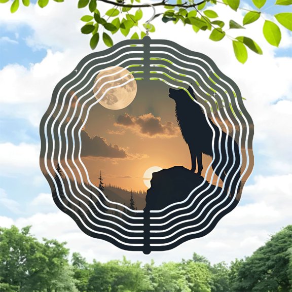 Abstract Circular Pattern Metal Wind Spinner - Wolf Silhouette with Sunset & Moon - Unique Garden Decor for Yard & Outdoor Spaces
