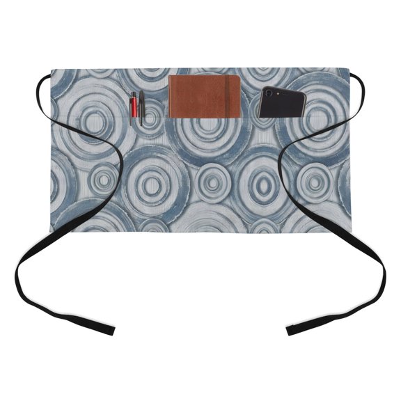 Abstract Circular Ripples Kitchen Restaurant Half Waist Apron, Artistic Blue Geometric Fluid Rings Server Short Apron with 3 Pockets Waterproof Oil Waist Aprons for Women Waitress Waiter