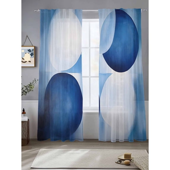 Abstract Circular Sheer Curtains 108 Inches Long 2 Panels Blue White Stitching Gradient Light Filtering Semi Sheer Window Curtains Drapes for Bedroom Living Room 52"x108"