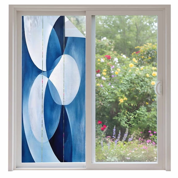 Abstract Circular Window Privacy Film White Blue Stitching Gradient Decorative Glass Window Film UV Blocking Static Cling Non-Adhesive Sticker Covering for Home Door 35.4x78.7 inches