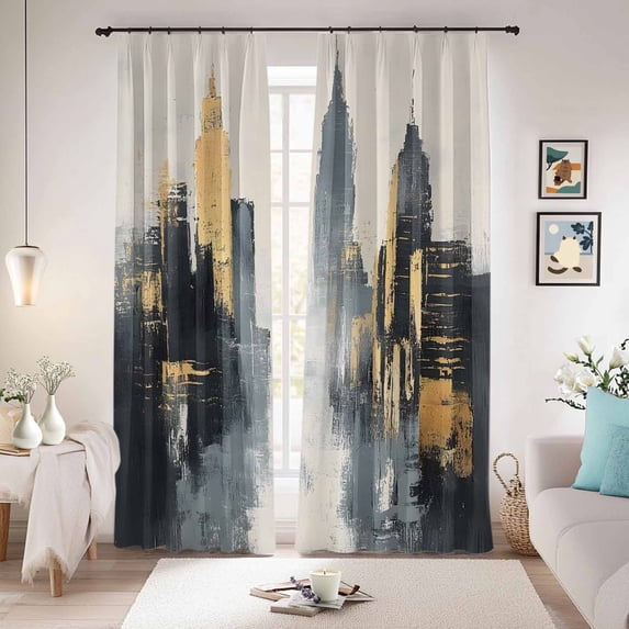 Abstract City Blackout Curtains for Bedroom/Living Room, Pinch Pleated Black Out Curtains, Retro Chic Abstract Building Oil Painting Room Darkening Window Drapes with Hooks 2 Panels, 59"x70"
