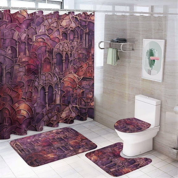 Abstract City Brussels Pattern 4Pcs Shower Curtain Set with Rugs with Non-Slip Rugs Toilet Lid Cover And Bath Mat City Building Waterproof Shower Curtain for Bathroom Decor