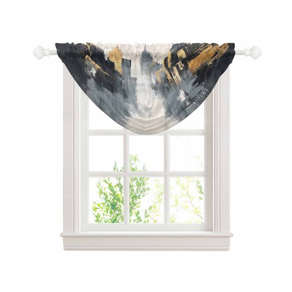 Abstract City Sheer Waterfall Valance Curtains for Window, Retro Chic Abstract Building Oil Painting Rod Pocket Sheer Topper Swag Curtains for Living Room, Kitchen 38.5"W x 47.2"L, 1 Panel