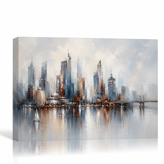 Abstract City Skyline Blue Gray Rust Modern Urban Painting Gallery Wrapped Canvas Wall Art for Living Room Bedroom Office Decor 12"L x 8"W