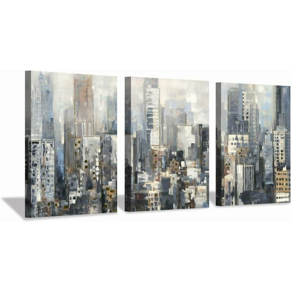 Abstract City Skyline Wall Art: Urban Downtown Picture Abstract Cityscape Painting Print on Canvas for Living Room (16'' x 12'' x 3 Panels)