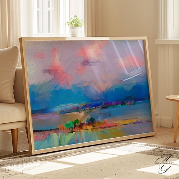 Abstract Cityscape Art Poster: Blue, Lila, Pink Palette, Unframed Canvas Size 12x18