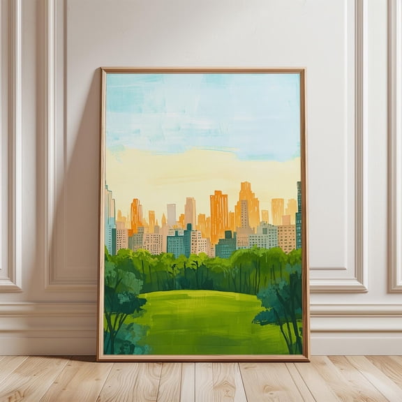 Abstract Cityscape Green Golden Hour Skyline Modern Wall Art Decor, Unframed Paper Poster 8x10in