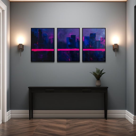 Abstract Cityscape Triptych Wall Art Neon Pink Purple Blue Skyline Modern Wall Art, Stretched Canvas