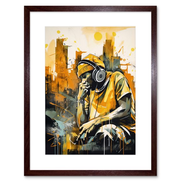 Abstract Cityscape Young Man Wearing Headphones Listening to Music Modern Watercolour Illustration Artwork Framed Wall Art Print 9X7 Inch