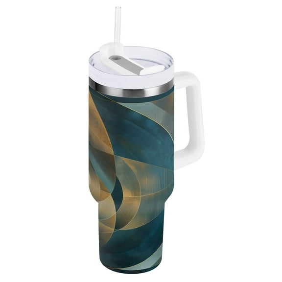 Abstract Clear Cerulean Geometric Tumbler with Handle and Straw Lid 40 oz Insulated Vacuum Water Bottle Stainless Steel Travel Cup