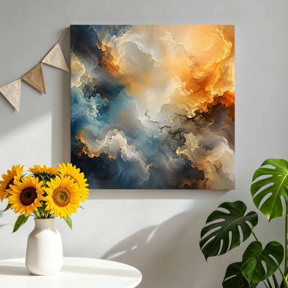 Abstract Cloud Canvas Wall Art, Modern Art Watercolor Gold Blue Grey Waves Framed Canvas Wall Decor Picture Print Artwork Decorations for Living Room Office Ready to Hang 8" x 8"