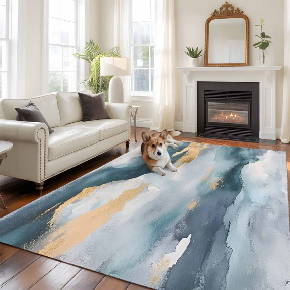 Abstract Cloud Effect 5x7 Area Rugs for Living Room, Golden Green Marble Texture Non Slip Floor Mat Washable Low-Profile Indoor Carpet for Bedroom, Dining Room, Bathroom