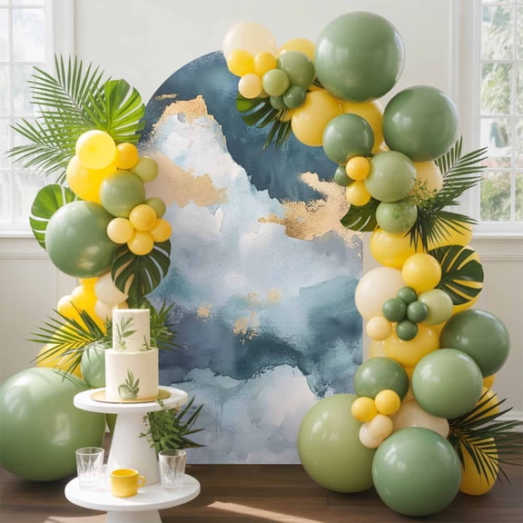 Abstract Cloud Effect Arch Backdrop Cover, 5FT, Golden Green Marble Texture Spandex Arch Covers Double-Sided Backdrop for Wedding Birthday Party Photo Background Decoration