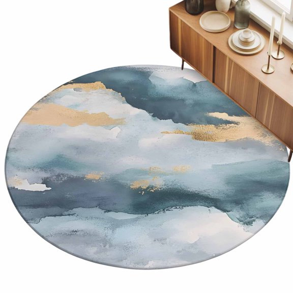 Abstract Cloud Effect Area Rug, Golden Green Marble Texture Non-Slip Felt Rubber Backing Round Indoor Carpet Washable Rugs for Living Room Bedroom 4ft